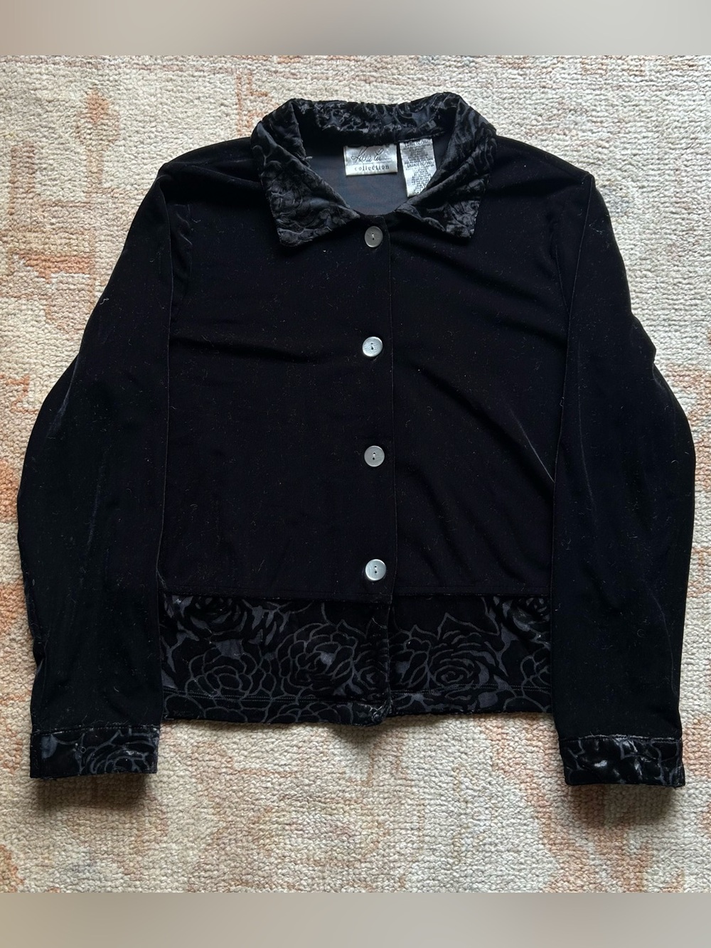vintage 90s whimsigoth black velvet burnout collared cardigan with flocked hem